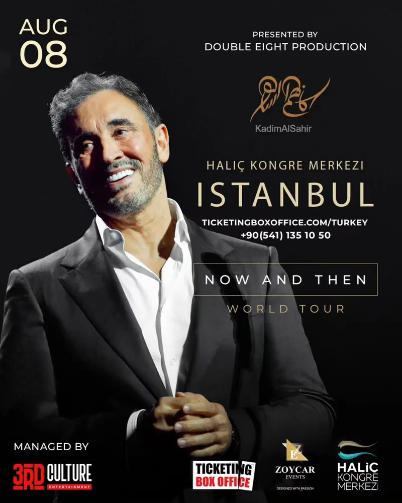 Poster: Kadim Al Sahir, Now and Then World Tour, 8 August, Haliç Congress Center, Istanbul